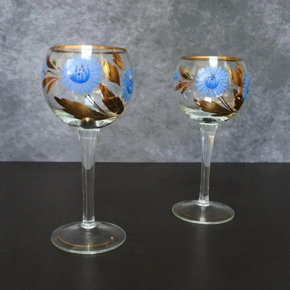 Vintage Romanian Hand Painted Blue Floral Gold Leaf Cordial Glasses Pair
